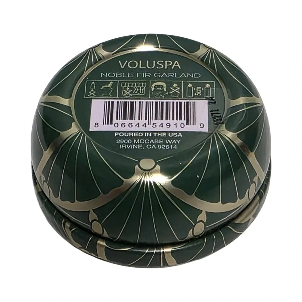 Voluspa Noble Fir‎ Garland Mini Tin Coconut Wax Candle 0.9oz Green Gold Art Deco